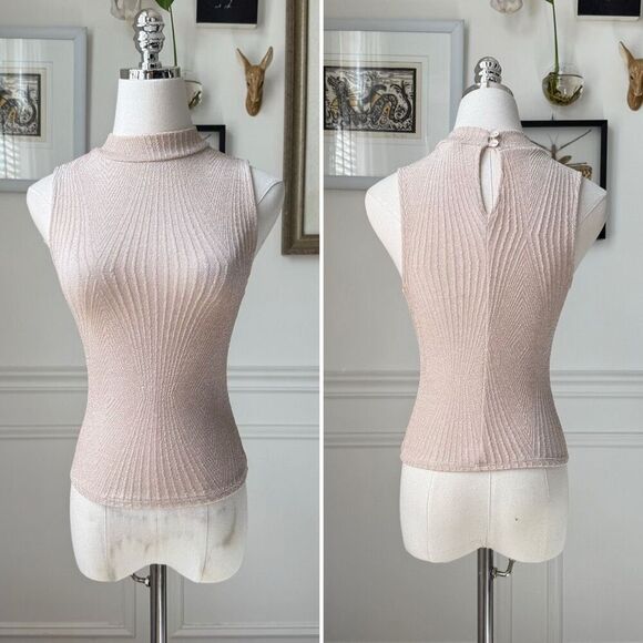 Vintage 90s Contempo Casuals Crop Mock Neck Champagne Beige Tank Top XS - Picture 1 of 7